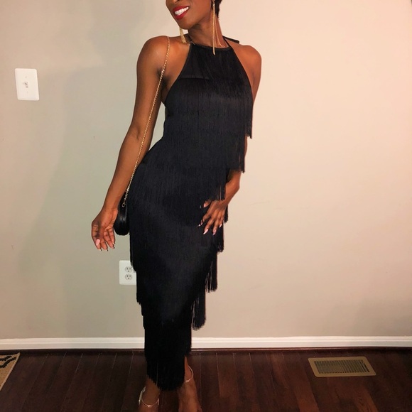 Black Fringe Backless Halter Dress - Picture 3 of 12